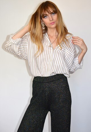 VINTAGE WHITE & BEIGE STRIPE BLOUSE SHIRT