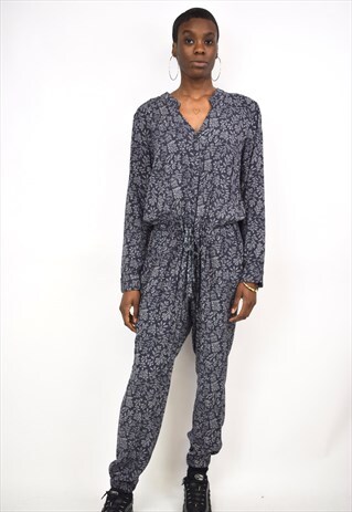 VINTAGE 90S DARK GREY FLORAL PRINT JUMPSUIT