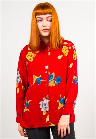 VINTAGE 90'S RED FLORAL PATTERN SHIRT BLOUSE
