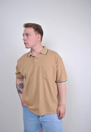80S BEIGE MINIMALIST POLO, STRIPED COLLAR WITH POCKET