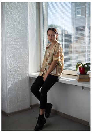 VINTAGE 80'S BROWN SHORT SLEEVED BLOUSE
