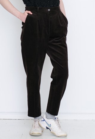 VINTAGE CORDUROY DARK BROWN HIGH WAIST RETRO TROUSERS
