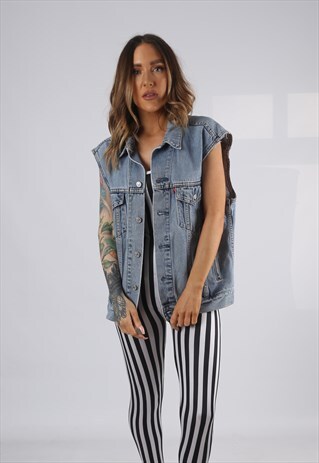 VINTAGE DENIM WAISTCOAT JACKET OVERSIZED FITTED UK 14 (HD1E)