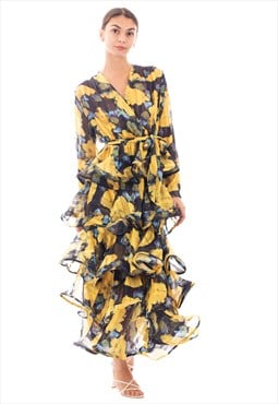 Floral Print Ruffle Multi Layer Hem design maxi long Dress 