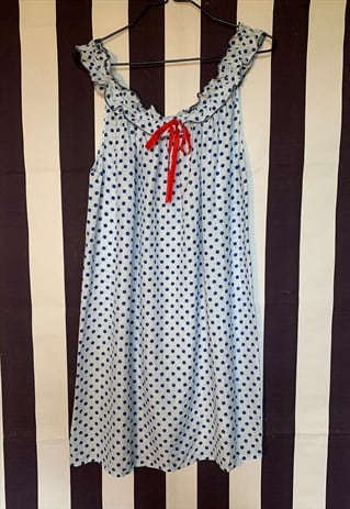 Vintage 70s blue polka dots nightie pyjamas slip, uk12/14