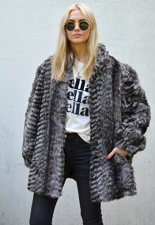 VINTAGE GREY & BLACK OVERSIZED ARCTIC FAUX FUR COAT