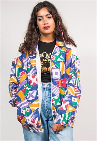 VINTAGE 90'S FLAG PATTERN SILK BOMBER JACKET