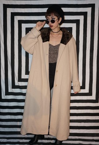 VINTAGE Y2K WOOL MIX TRENCH COAT WITH FAUX FUR COLLAR