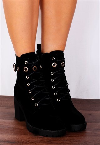 BUCKLE MILITARY LACE UPS CLEATED BLOCKED HEELED ANKLE BOOTS