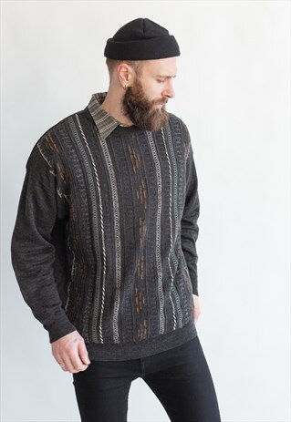 VINTAGE 80S GRANDADS GREY STRIPE JUMPER