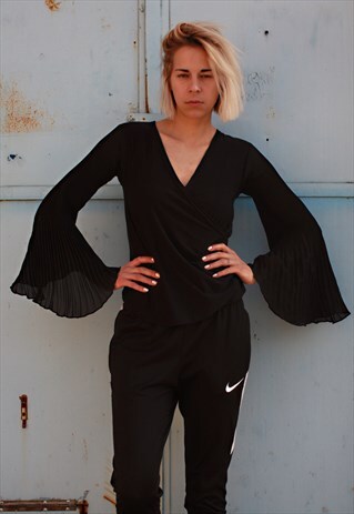 VINTAGE 90' UNIQUE ELEGANT BLACK BLOUSE WITH WIDE SLEEVES