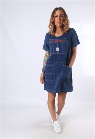 DENIM DRESS BICH REWORKED SHORT VINTAGE UK 8 - 10 (5AH)