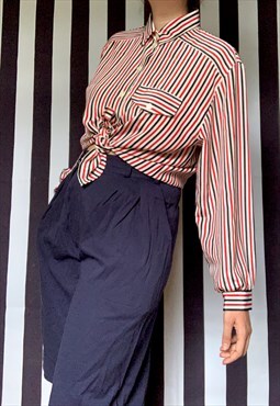 Vintage 80s red black stripes blouse, balloon sleeves UK14