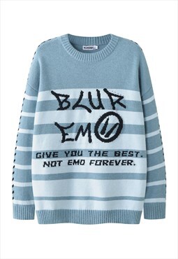 Striped sweater EMO slogan jumper Gothic punk top in blue