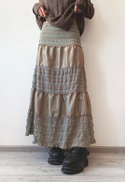 Vintage 00's Y2K Khaki Satin Gypsy Ruffle Tiered Maxi Skirt