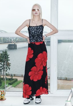 Vintage Y2K lovely poppy & polka dot maxi skirt in black&red
