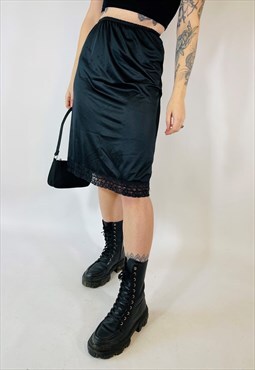 Vintage 90s 00s Y2K Grunge Satin Black Lace Midi Skirt