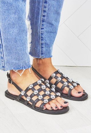 SELENA BLACK STUDDED SLINGBACK SANDALS