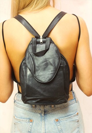 1990S VINTAGE BLACK REAL SOFT LEATHER BACKPACK