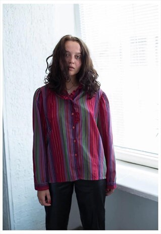 VINTAGE 70'S RED STRIPED GLITTER THREAD FRILL COLLAR BLOUSE