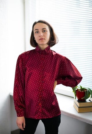 VINTAGE 80S BURGUNDY RED POLKA DOT HIGH COLLAR BLOUSE