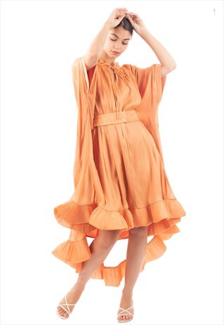 RUFFLE HEM OVERSIZED DRESS WITH BELT IN ORANGE