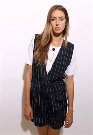 VINTAGE 1980'S 80'S PINSTRIPED SHORTS ROMPER JUMPSUIT XS-S