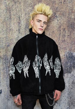 Bones fleece jacket faux fur grunge skeleton bomber in black