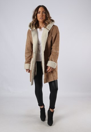 VINTAGE FAUX SHEEPSKIN SUEDE EFFECT COAT HOODED UK 14 (AEB)
