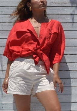 Vintage red silky short sleeved oversized button down shirt