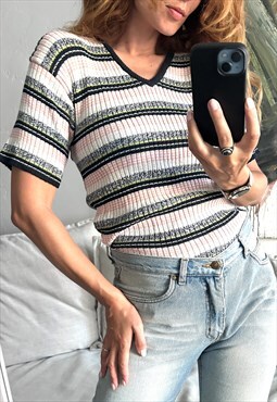 Retro Rib Knit Striped Top / Blouse - Large