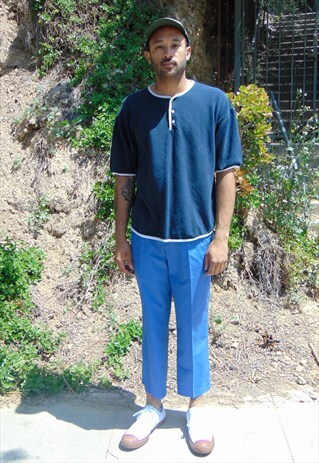 90S CLASSIC SKATER SHORT SLEEVE BLUE PIQUE HENLEY SHIRT