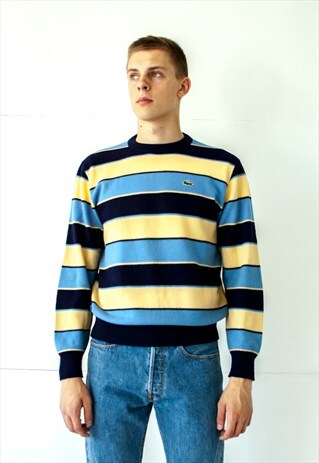 VINTAGE RETRO YELLOW BLUE STRIPY LACOSTE SWEATER JUMPER
