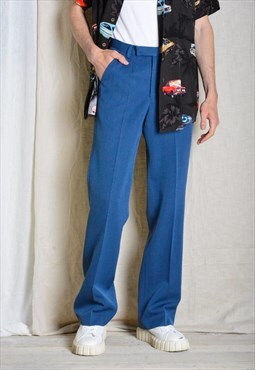 Vintage 70s Blue Wool Blend Formal Mens Pants