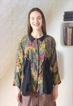 Green patterned colourful oversized long sleeve blouse