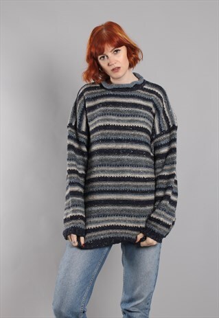 VINTAGE 80S CHUNKY KNIT STRIPE OVERSIZE WOOL JUMPER