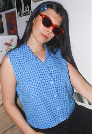 VINTAGE SHIRT SLEEVELESS C&A COWGIRL STYLE BLUE CHECKERED