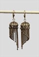 70'S VINTAGE EARRINGS LADIES DARK GOLD METAL TASSEL PIERECED