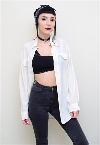 VINTAGE 90'S GENUINE SILK POWDER WHITE OVERSIZED SHIRT