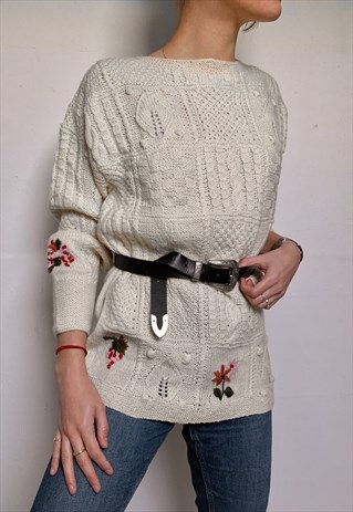VINTAGE WOOL WHITE EMBROIDERED KNITTED JUMPER