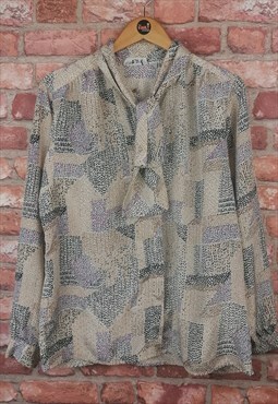 Vintage 80s Pussy Bow Tie Neck Blouse Shirt Patterned Smart 