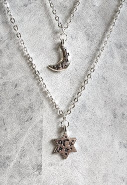Doodle Engraved Celestial Moon and Star 2 Necklace Set