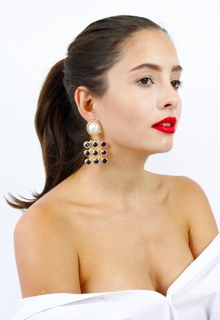 PEARL BLUE DIAMANTE CHANDELIER DROP DANGLE EARRINGS