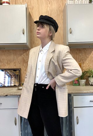 VINTAGE 80S ESCADA WOOL PLAID BEIGE BLAZER