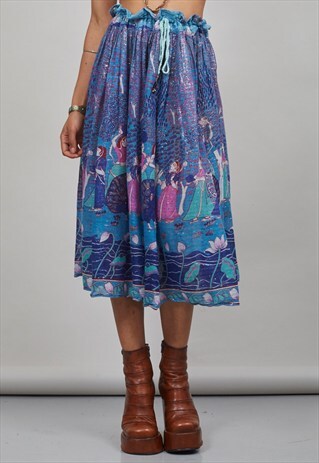 VINTAGE FESTIVAL AZURE BLUE 70'S MIDI INDIAN SKIRT