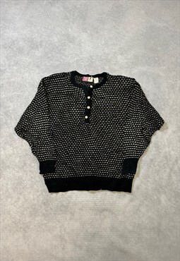Vintage Abstract Knitted Jumper 1/4 Button Patterned Sweater