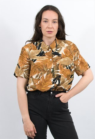 VINTAGE 90'S PRINTED SHIRT IN LEAVES PATTERN SHORT SLEEVE