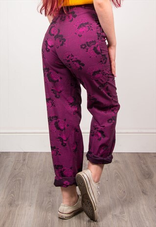 VINTAGE 90'S PURPLE FLORAL PRINT HIGH WAIST TAPERED TROUSERS