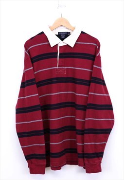 Vintage Polo Shirt Burgundy  Long Sleeve Striped Pullover 