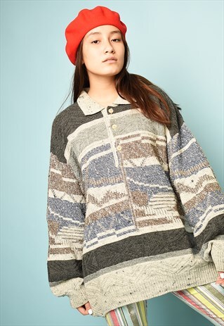 VINTAGE 80S RETRO ABSTRACT KNIT OVERSIZED DADS JUMPER
